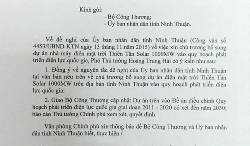 Government allowed adding 1000MW into Thien Tan solar power plant in Ninh Thuan